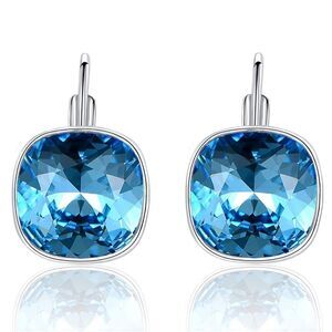 18K White Gold with Blue Sapphire CZ Cushion Cut Bella Drop Leverback Earrings